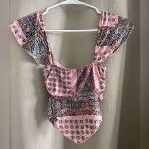 Urban Outfitters Pink and White Asymmetrical Flutter Sleeve Top